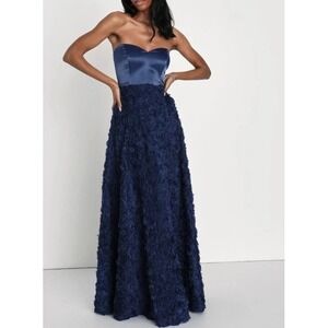 Lulus Women's Navy Enchanting‎ Event Strapless 3D Appliqué Maxi Dress NWT Size L